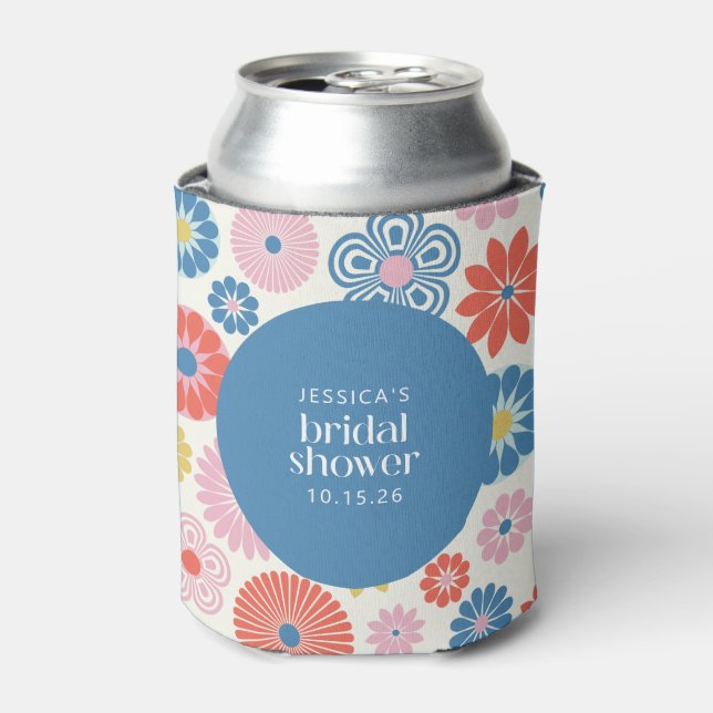 Scandi Boho Folk Flower Blue Bridal Shower   Can Cooler (Can Front)