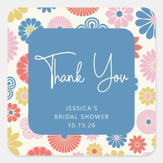 Scandi Boho Folk Flower Blue Shower Thank You Square Sticker (Front)