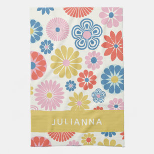 Scandi Boho Folk Flower Pattern Personalized Kitchen Towel