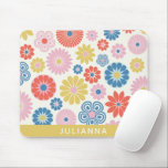 Scandi Boho Folk Flower Pattern Personalized Mouse Pad<br><div class="desc">Cute folk style Scandinavian flower pattern in red,  blue,  yellow,  and pink,  personalized with your name.</div>
