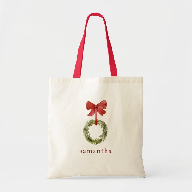 Scandi Christmas Wreath Red Bow Custom Name Tote Bag (Front)