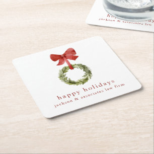 Scandi Christmas Wreath Red Bow Square Paper Coaster