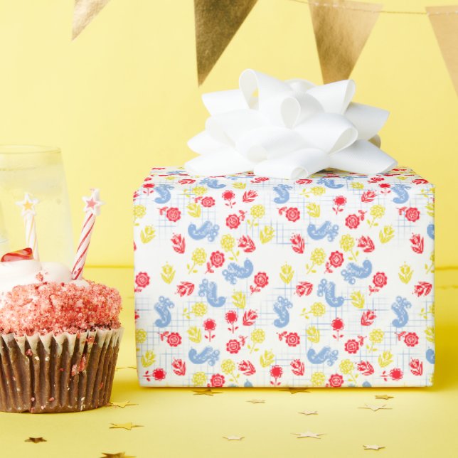 Scandi Ditsy Blue Bird Red Yellow Flower Wrapping Paper (Birthday Party)