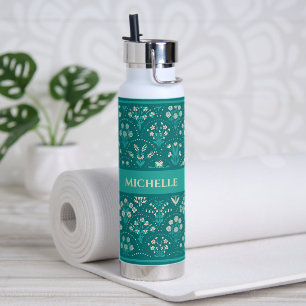 Scandi Floral Scallop Aqua Teal Personalized Name Water Bottle
