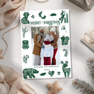 Scandi Folk Art Forest Woodland Animals Bird Photo Holiday Card