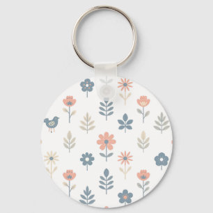 Scandi Folk Flowers Birds Pattern Keychain