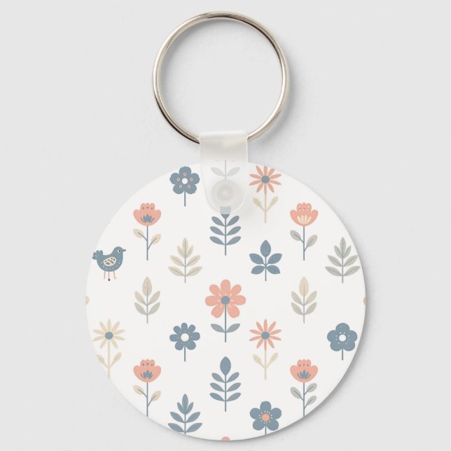 Scandi Folk Flowers Birds Pattern Keychain (Front)