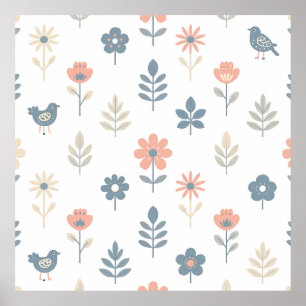 Scandi Folk Flowers Birds Pattern Poster