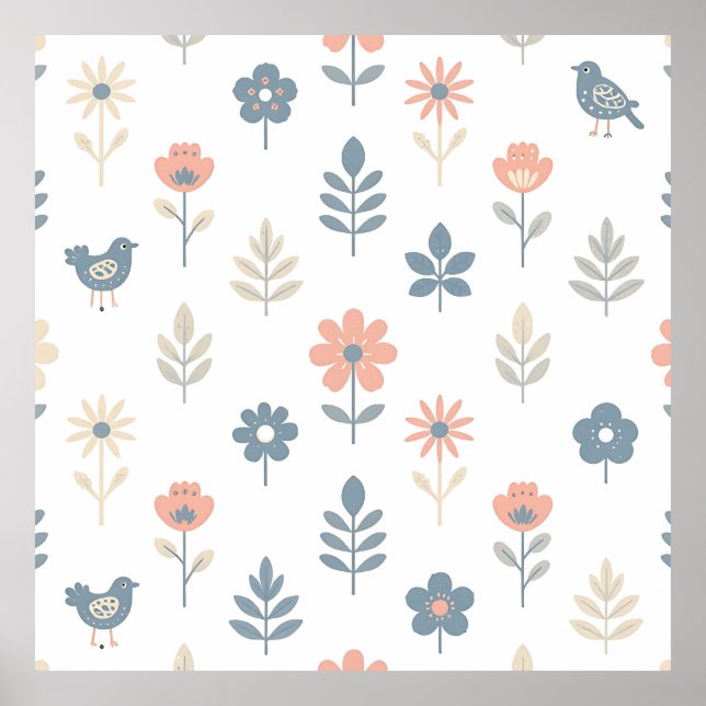 Scandi Folk Flowers Birds Pattern Poster (Front)
