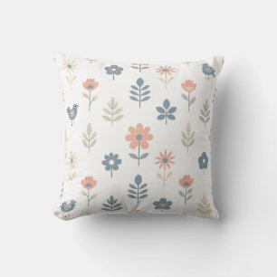 Scandi Folk Flowers Birds Pattern Throw Pillow