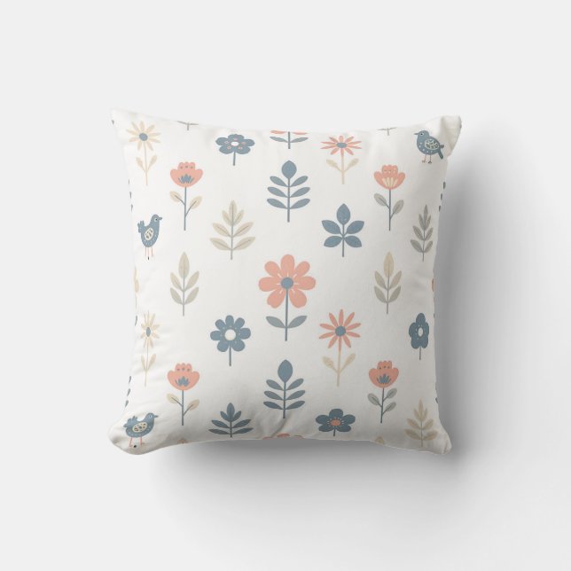 Scandi Folk Flowers Birds Pattern Throw Pillow (Front)