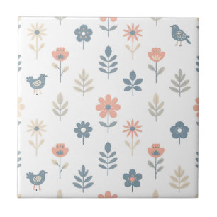 Scandi Folk Flowers Birds Pattern Tile