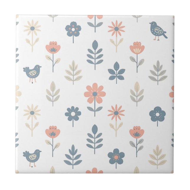 Scandi Folk Flowers Birds Pattern Tile (Front)