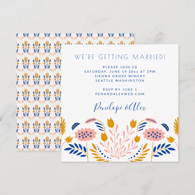 Scandi Folk Flowers in Blue Casual Square Wedding  Invitation (Front/Back)