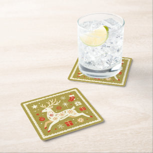 Scandi Folk Reindeer Christmas Paper Coasters