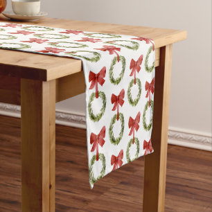 Scandi Greenery Christmas Wreath Red Bow Short Table Runner
