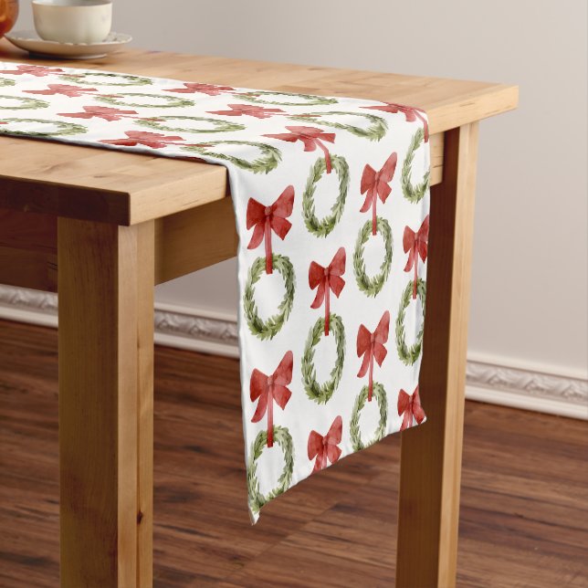 Scandi Greenery Christmas Wreath Red Bow Short Table Runner (In Situ)