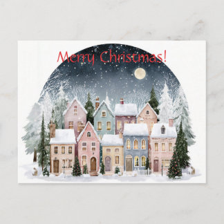 Scandi houses at wintery night, Merry Christmas  Holiday Postcard