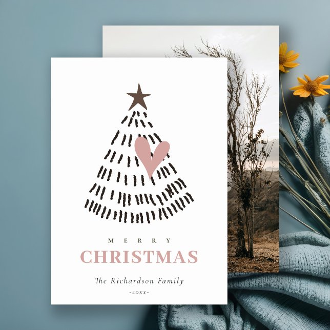 Scandi Minimal Blush Heart Christmas Tree Photo Holiday Card (Creator Uploaded)