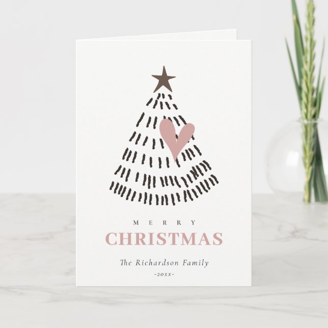 Scandi Minimal Blush Heart Logo Christmas Tree Holiday Card (Front)