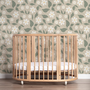 Scandi Modern Daisy Floral Soft Beige & Green Wallpaper