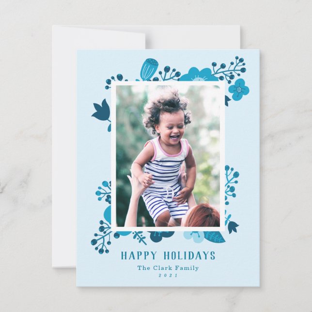 Scandi Style Mod Blue Family Photo Holiday Card (Front)