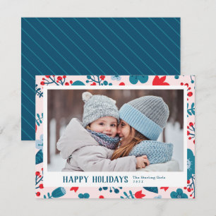 Scandi Style Mod Red & Blue Family Photo Holiday Card