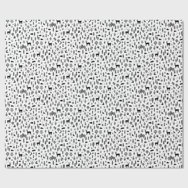 Scandi Winter Forest with Animals in Black White Wrapping Paper (Flat)