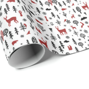 Scandi Winter Forest with Animals in White Red Wrapping Paper