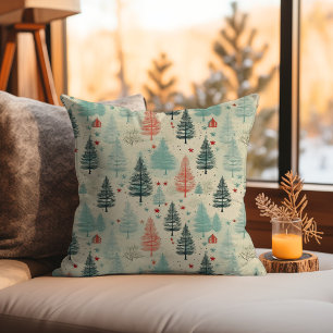Scandi Yellow Beige Christmas Pine Trees Nordic Throw Pillow