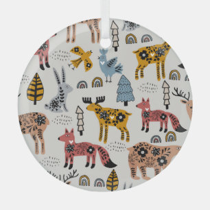 Scandinavian animals, floral, cute pattern. glass ornament