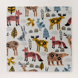 Scandinavian animals, floral, cute pattern. jigsaw puzzle