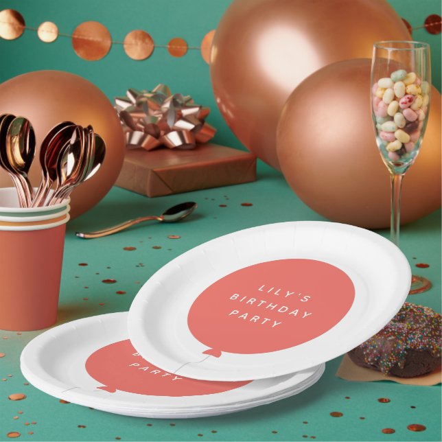 Scandinavian Balloon | Coral Pink Birthday Party Paper Plate (Multi)
