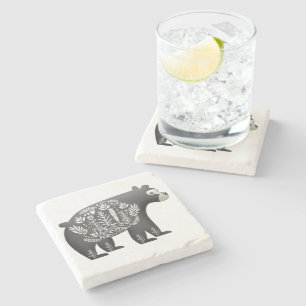 Scandinavian Bear Art Grey Stone Coaster