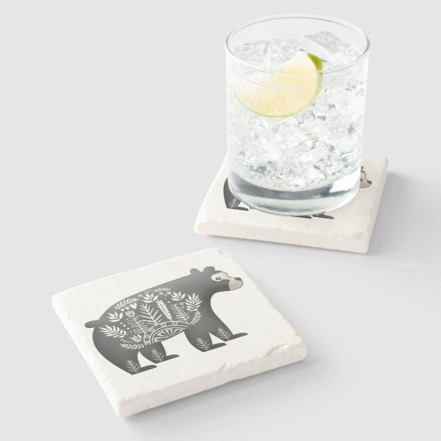 Scandinavian Bear Art Grey Stone Coaster (Side)