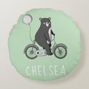 Scandinavian Bear on Bike Minimalist Green Round Pillow