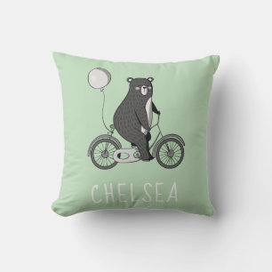 Scandinavian Bear on Bike Minimalist Green Throw Pillow