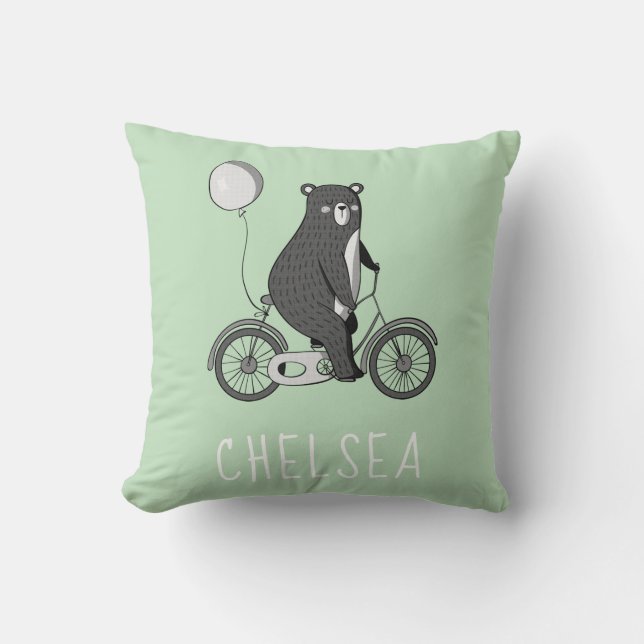 Scandinavian Bear on Bike Minimalist Green Throw Pillow (Front)