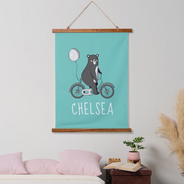 Scandinavian Bear on Bike Minimalist Personalized Hanging Tapestry (Bedroom)