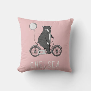 Scandinavian Bear on Bike Minimalist Pink Throw Pillow