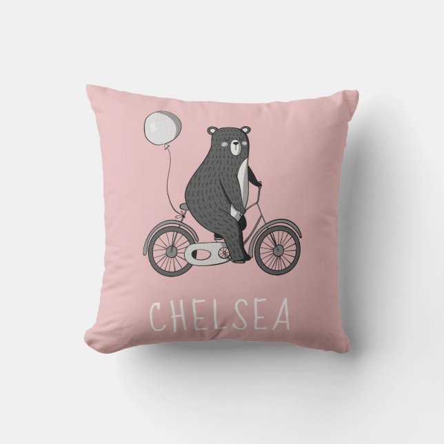 Scandinavian Bear on Bike Minimalist Pink Throw Pillow (Front)