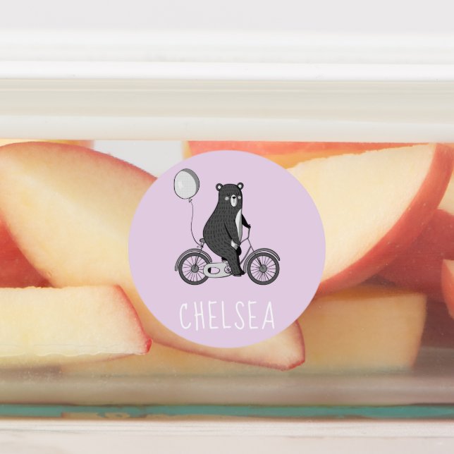 Scandinavian Bear on Bike Minimalist Purple Labels (Affixed)
