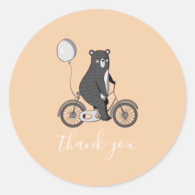 Scandinavian Bear on Bike Minimalist Thank You  Classic Round Sticker (Front)
