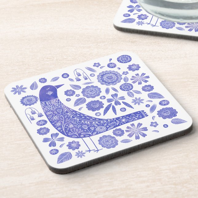 Scandinavian Bird Blue and White Coaster (Nordic folk art blue and white bird and wildflower coaster set)