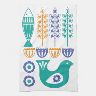 Scandinavian Bird, Fish and Flowers Kitchen Towel