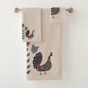 Scandinavian Bird Pattern Sand Green Bath Towel Set
