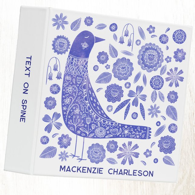 Scandinavian Bird Personalized Blue and White Binder (Scandinavian folk art style blue and white personalized bird and flower binder with custom text)