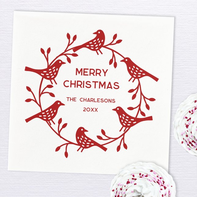 Scandinavian Bird Wreath Personalized Christmas Napkin (Red Scandinavian bird wreath personalized family name date festive Merry Christmas paper napkins)
