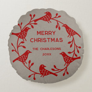 Scandinavian Bird Wreath Personalized Christmas Round Pillow