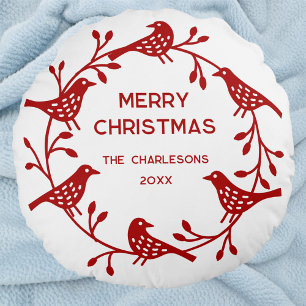 Scandinavian Bird Wreath Personalized Christmas Round Pillow